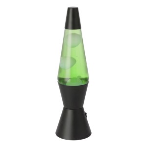 Schlanke Eglo LED-Lavatischleuchte in Schwarz mit grüner Flüssigkeit und weißen Wachsblasen. Dekorativer Lava-Effekt.