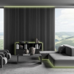 Wohnraum mit indirekter Beleuchtung durch RGB LED-Strip. Farbwechsel und Dimmfunktion.