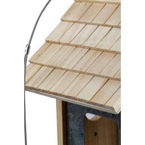 Detailaufnahme Vogelfuttersilo Country mit Schindeldach und Stahlseilaufhängung.