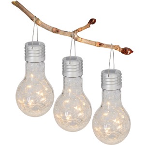 3er Set Näve LED Solar Pendelleuchten im Glühbirnen-Design mit Crackle-Glas und warmweißen Lichtern.