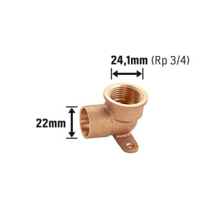 Löt-Übergangswinkel aus Rotguss, 22 mm x 24,1 mm (Rp 3/4) mit Wandscheibe für Kupferrohrinstallationen.