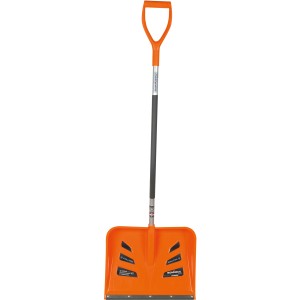 Orangefarbener Sonneck Schneeschieber Snowmaster Evo mit D-Griff und Alu-Stiel.