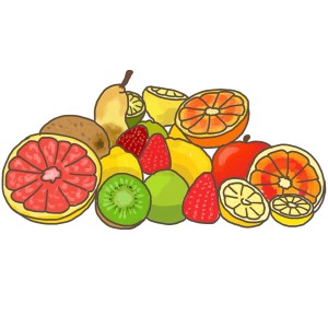 Illustration von gemischten Früchten wie Erdbeeren, Kiwi, Zitrone, Orange, Birne und Grapefruit.