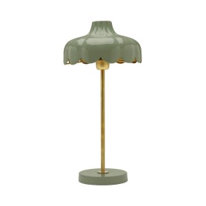 Grüne PR Home Wells Tischleuchte aus Metall. Blütenförmiger Schirm mit goldener Innenseite, skandinavisches Design.