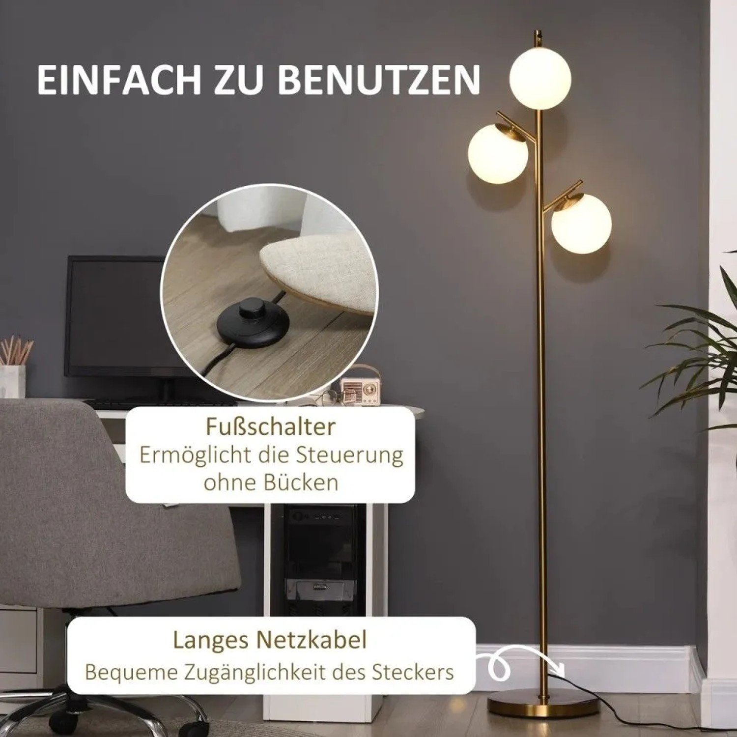 Goldene HOMCOM Stehleuchte mit 3 Glaslampen, Metallgestell und Fußschalter. Modernes Design für Innenleuchten.