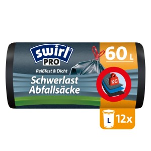 Swirl Profi Schwerlast-Abfallsäcke 60L, 12 Stück. Reißfeste Müllbeutel mit Zugband und 3-Schicht-Folie.