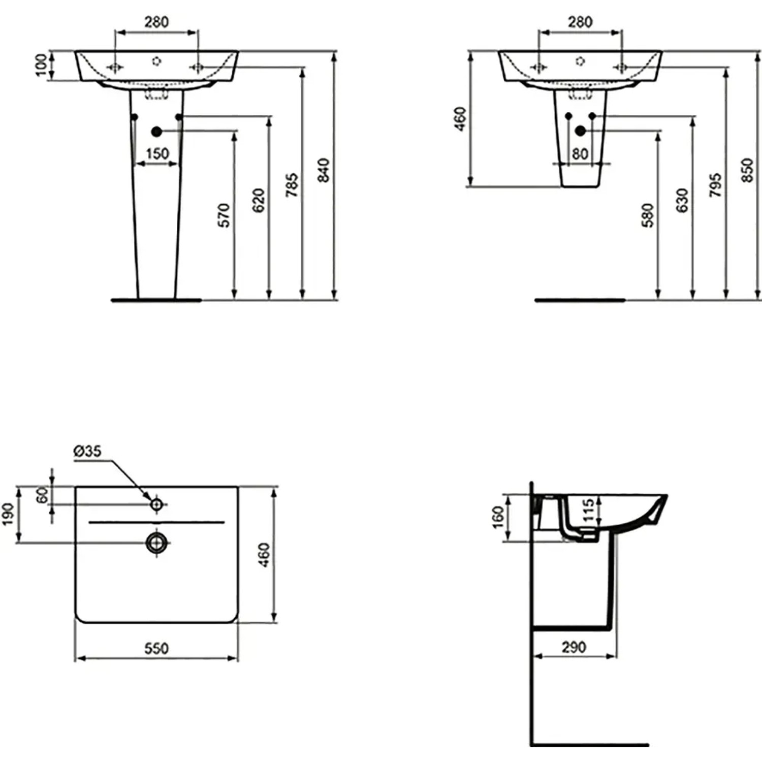 Technische Zeichnung Ideal Standard Connect Air Waschtisch, 55x46 cm, mit Maßen.