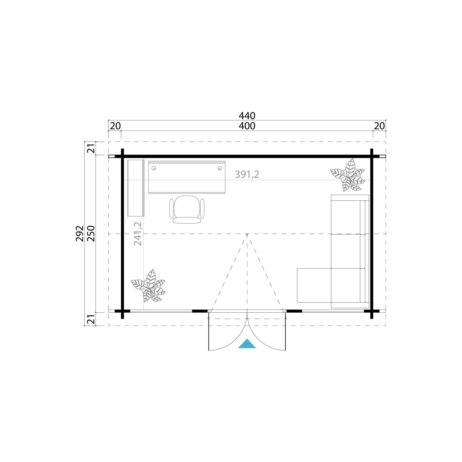 Grundriss Gartenhaus Kensington Carbongrau 400x250cm mit Maßen und Einrichtung.