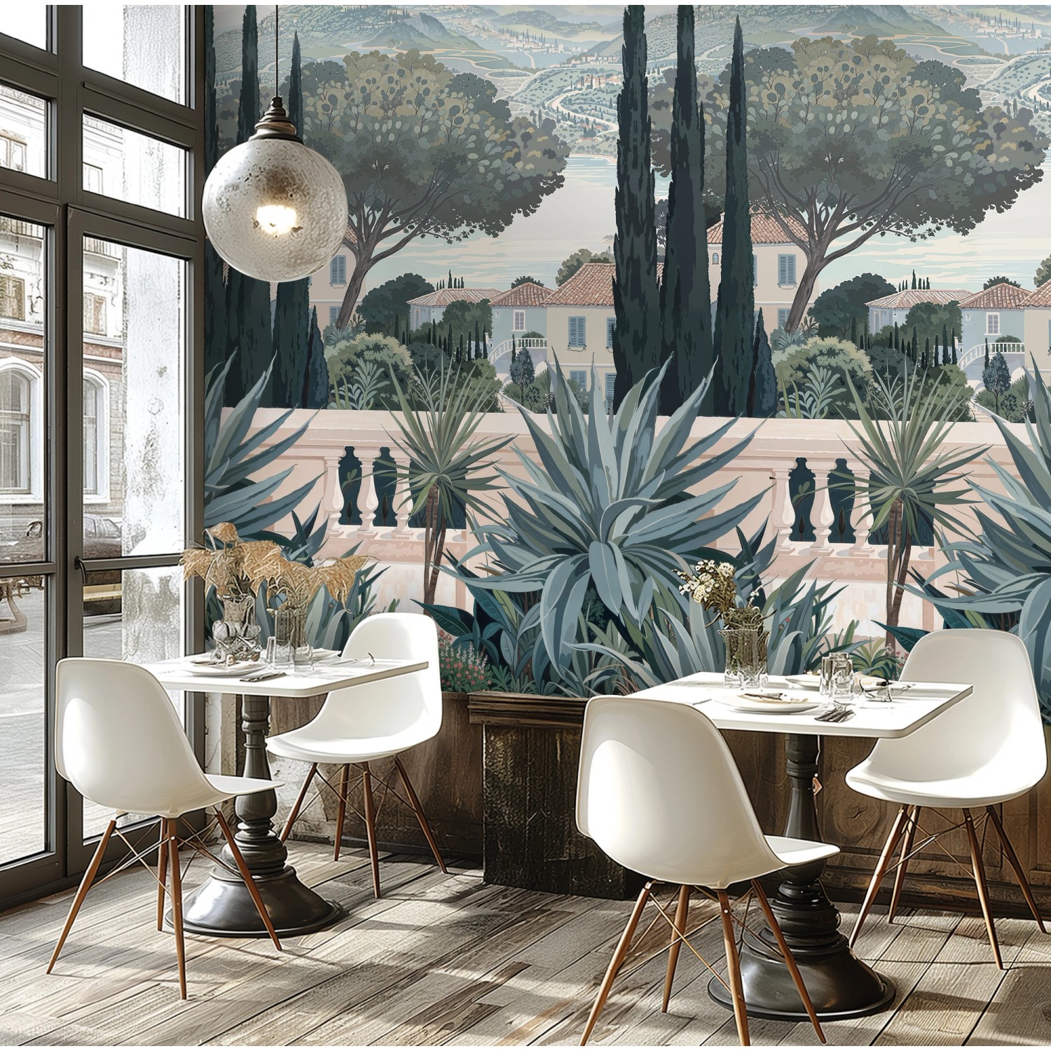 A.S. Creation Fototapete Finca Pflanzen in Blau-Creme hinter einem Café mit Tischen und Stühlen.