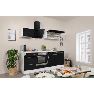 Respekta Premium Küchenzeile, 220 cm, Schwarz Hochglanz/Weiß, mit E-Geräten und Lifttüren.