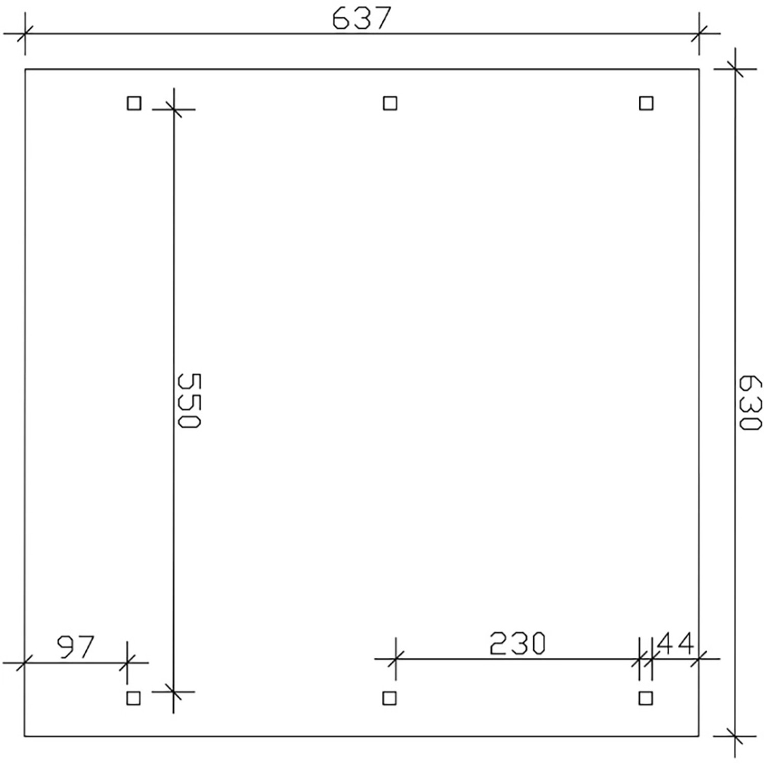 Skizze Doppelcarport Wendland Nussbaum: Maße 630x637cm, Pfostenanordnung, Einfahrtsbreite 550cm. Carport Details.