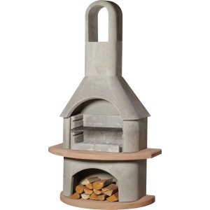 Buschbeck Grillkamin Carmen, grau-terrakotta, mit Grillrost und Holzscheiten im Lagerfach.