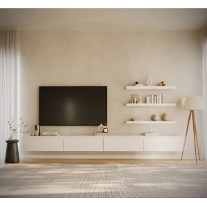 Weißes Selsey TV-Hängeboard Bemmi, 300 cm breit, minimalistisch an heller Wand montiert. Modernes TV-Möbel.