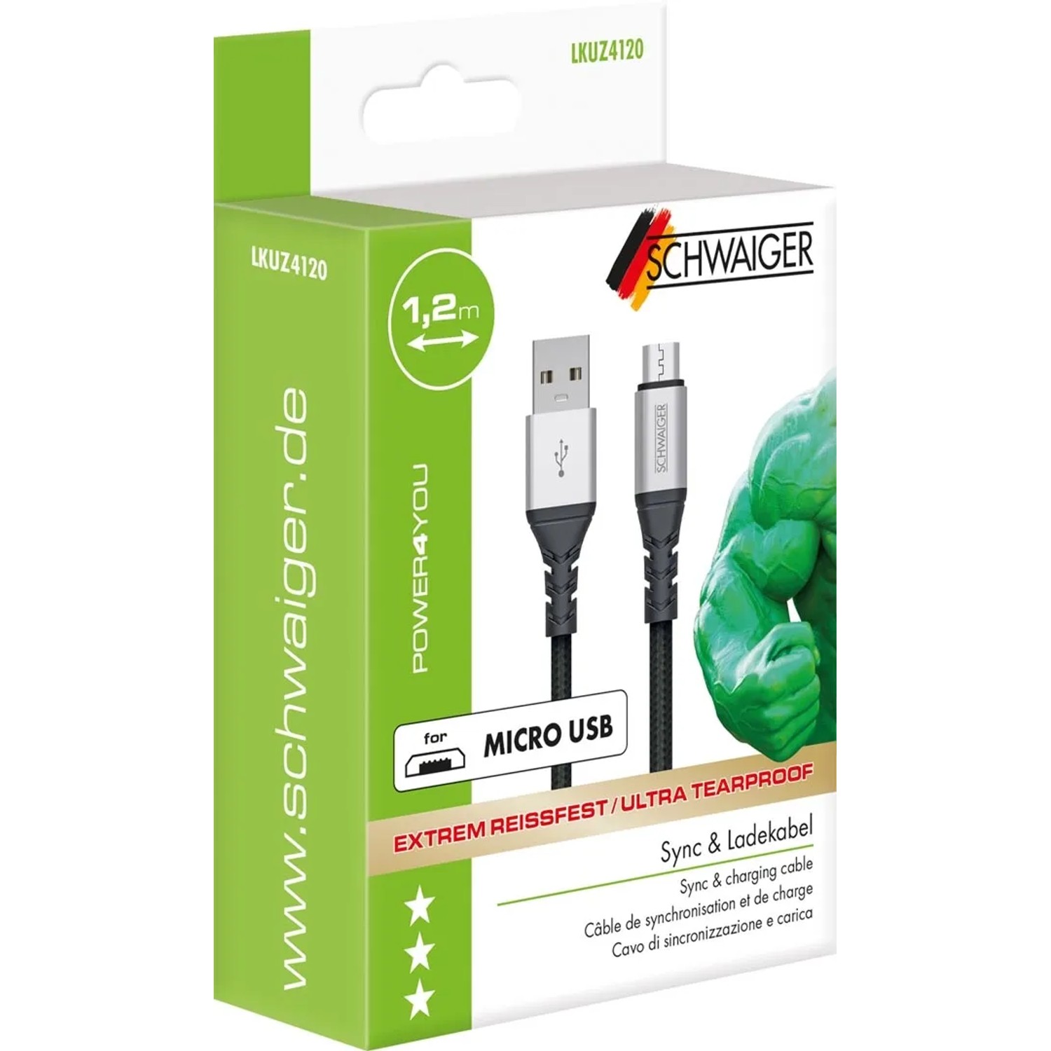 Schwaiger Micro USB Kabel, 1,2m, unzerstörbar, zum Laden und Synchronisieren von Geräten.