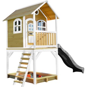 Axi Sarah Spielhaus mit Rutsche, Sandkasten, Leiter in Braun, Weiß und Grau. Ideal für Kinder zum Spielen im Garten.