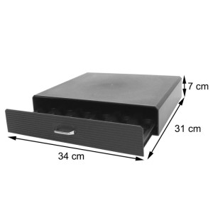 Schwarze MCW Schubladenbox L98 zur Aufbewahrung von Kaffeekapseln, Schublade geöffnet.