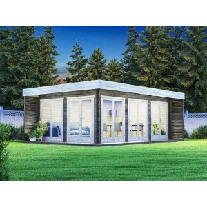 Alpholz Gartenhaus Viva B mit Flachdach, tauchimprägniert, 492x668 cm, mit großen Fensterfronten.