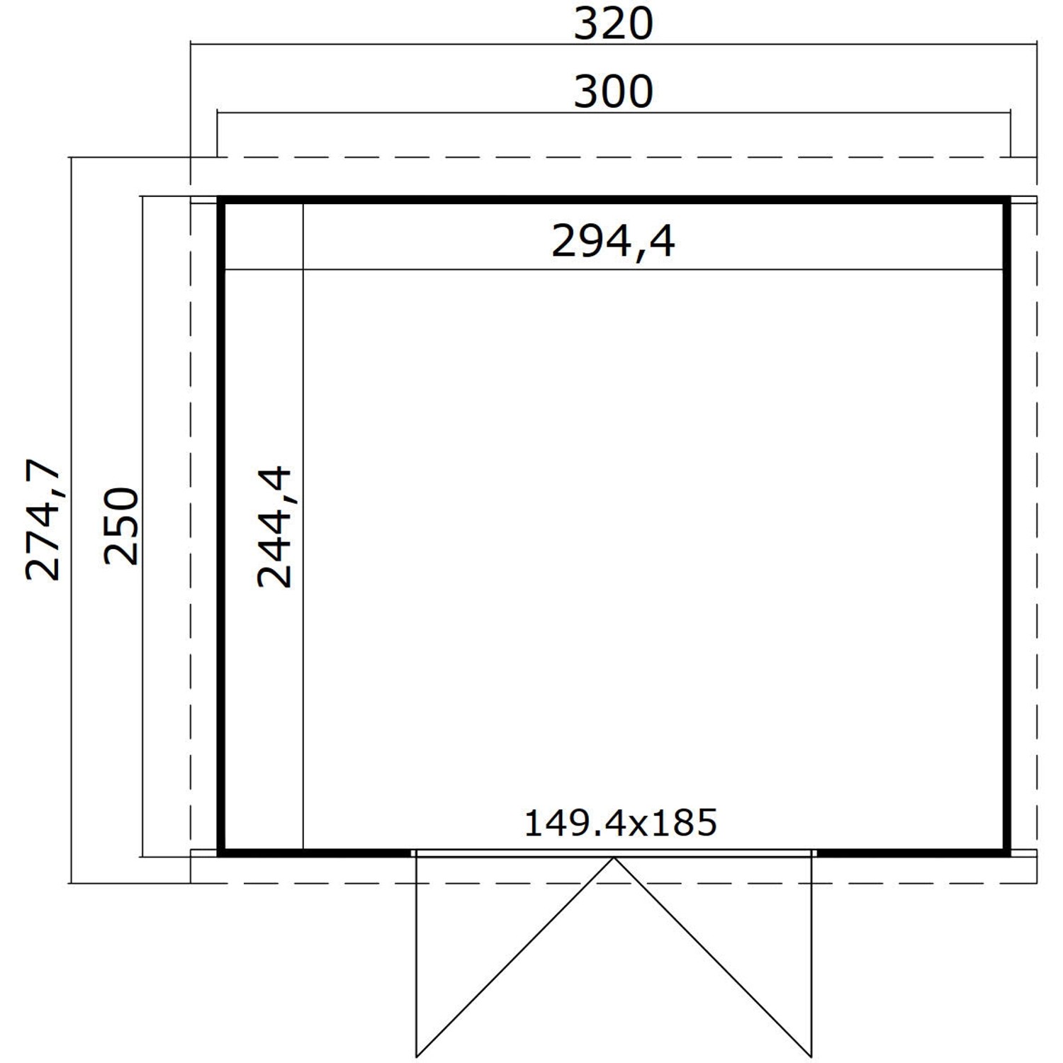Grundrisszeichnung Lasita Holz-Gartenhaus Zambezi 6, 320x274,7 cm, naturbelassen.