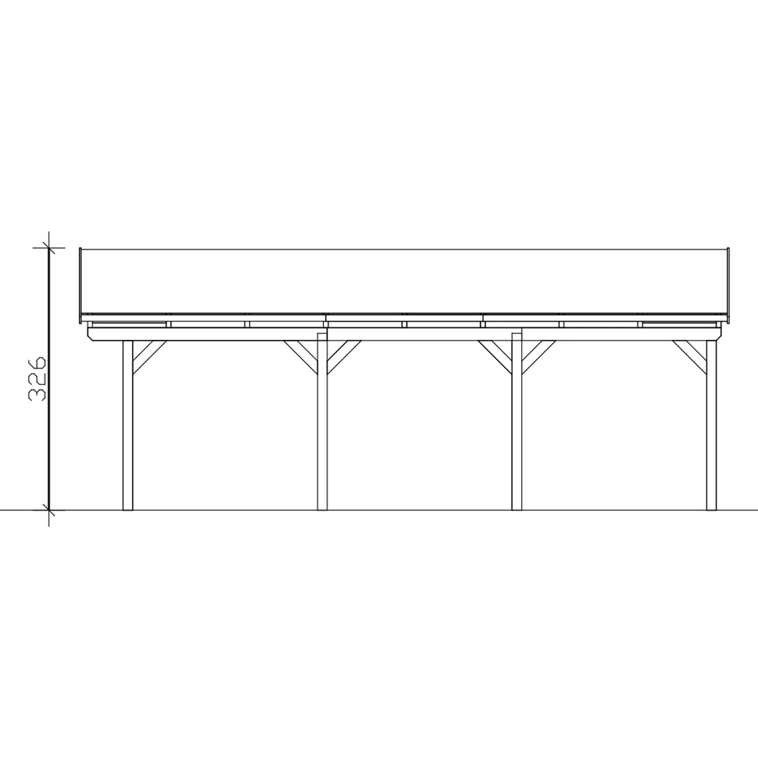 Skizze: Skan Holz Carport Fichtelberg, 423x808 cm, Dachlattung, schiefergrau, Seitenansicht mit Höhenangabe.