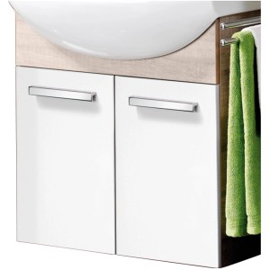 Fackelmann Waschbeckenunterschrank A-Vero, Graueiche, 63 cm breit, mit weißen Fronten und Handtuchhalter.