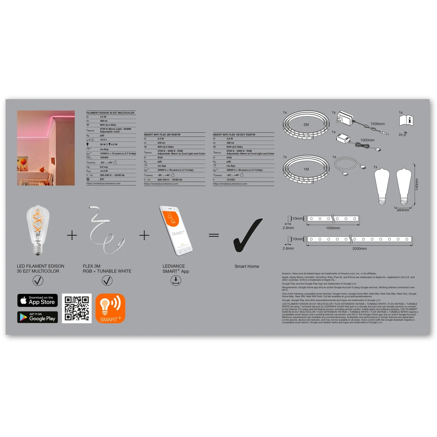 Ledvance Smart+ Wifi Filament Edison E27 Set mit LED-Lichtstreifen für flexible Beleuchtung.