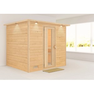 Karibu Massivholzsauna Sarina mit LED-Dachkranz und klarer Glastür aus naturbelassener Fichte.