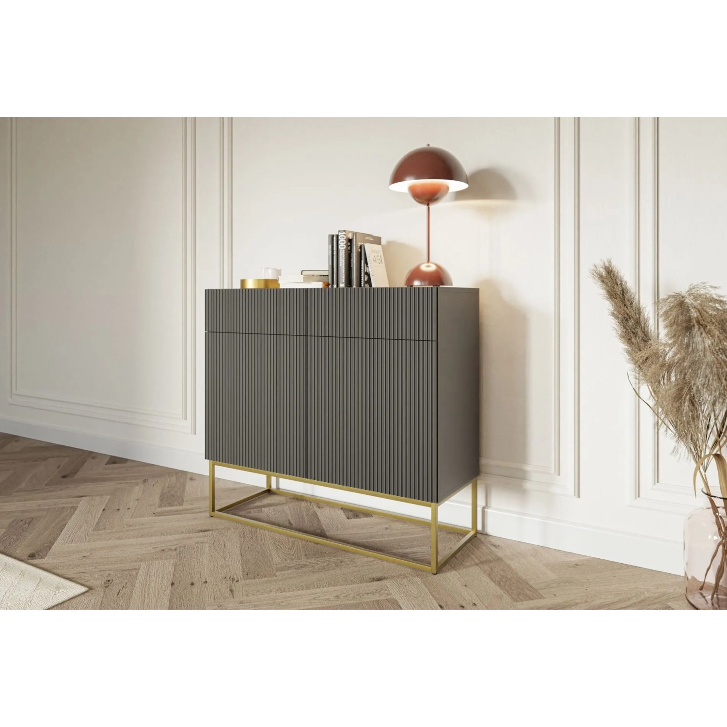 Modernes Selsey Sideboard Veldio schwarz mit geriffelter Front, goldenen Beinen. Elegante Kommode für Wohnzimmer & Flur.
