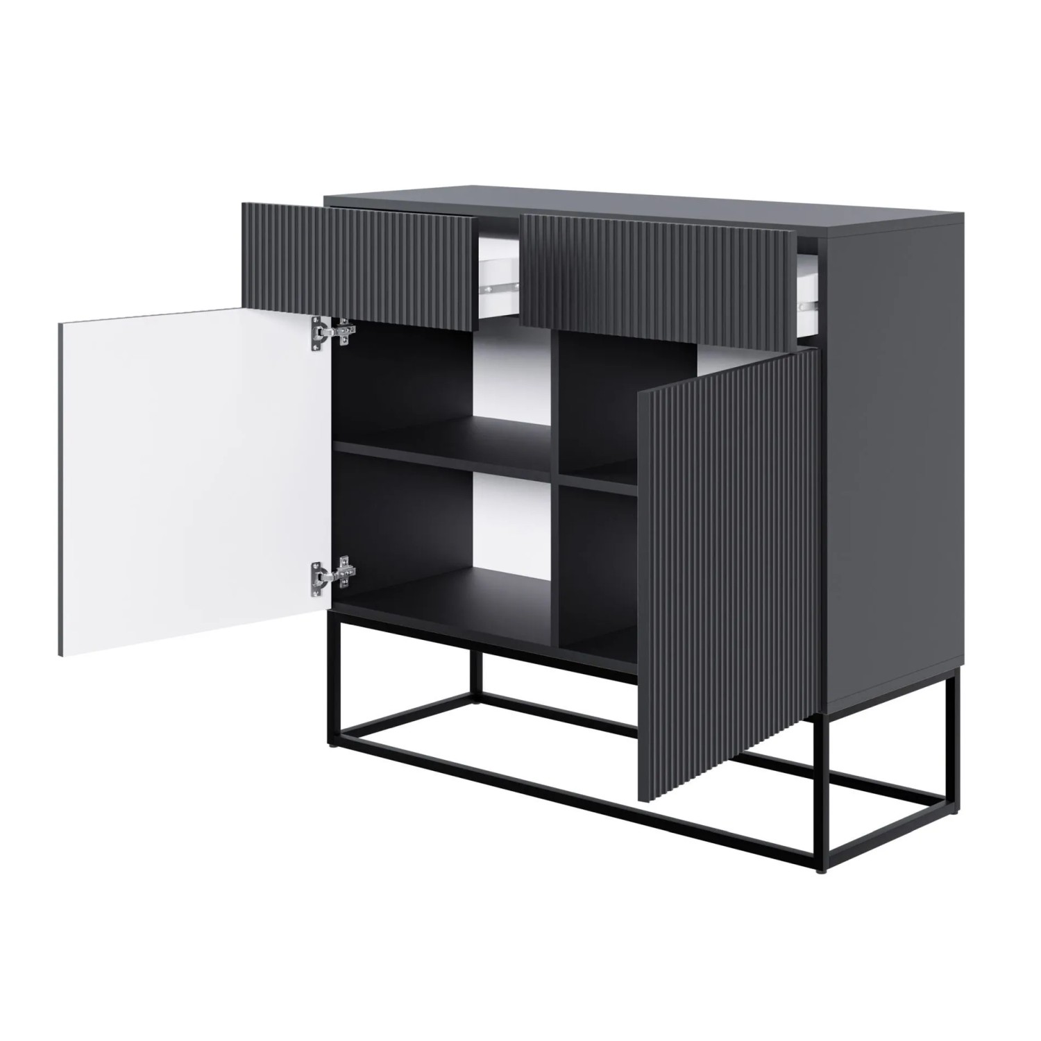 Schwarzes Selsey Veldio Sideboard mit geriffelter Front, 2 leicht geöffneten Schubladen und offenen Fächern, schwarzen Metallbeinen.