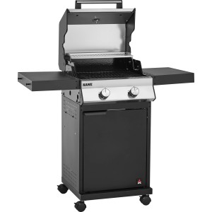 Jamestown Gasgrill Kane mit 2 Brennern und modularem Grillrostsystem, Frontansicht mit geöffnetem Deckel.