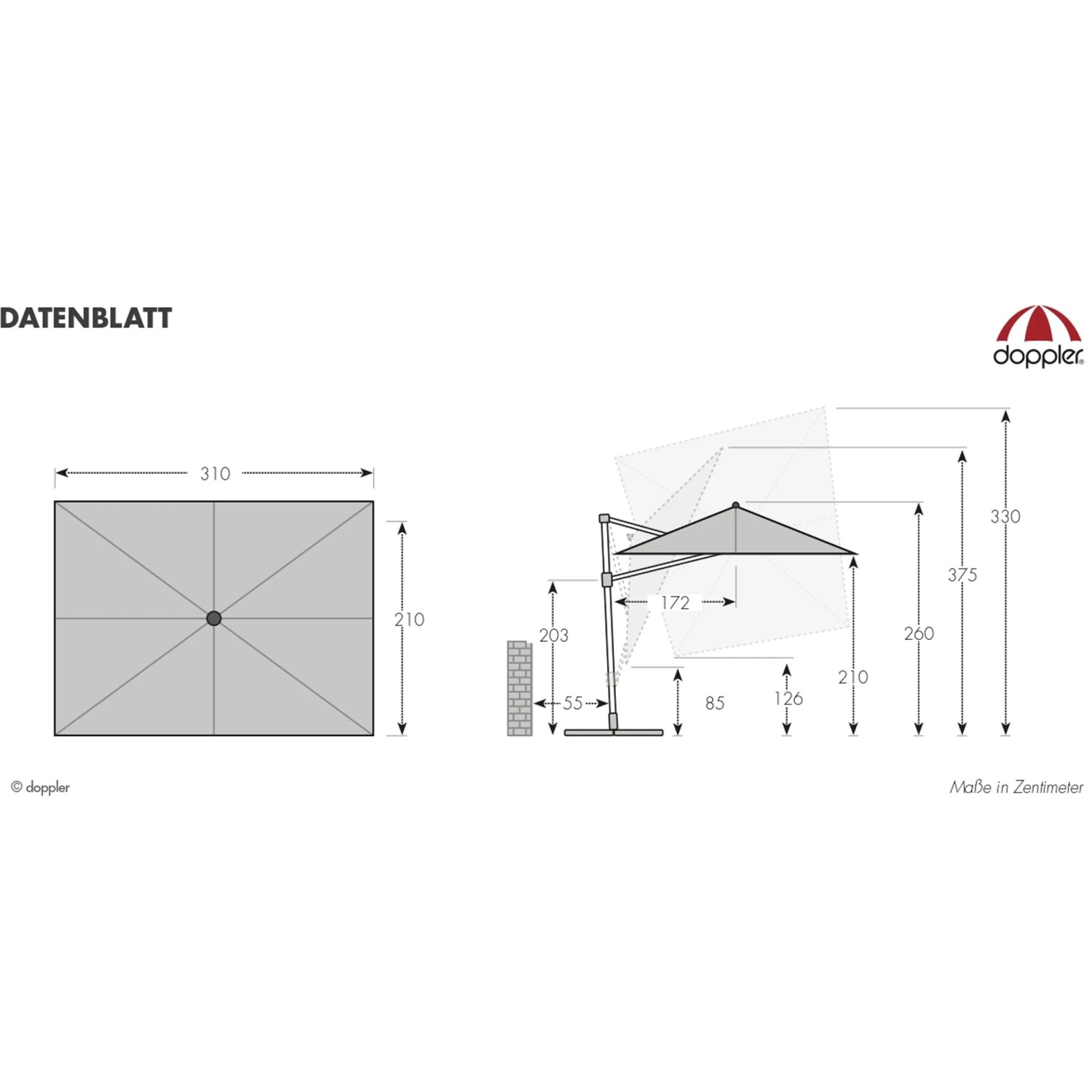 Technische Zeichnung Doppler Ampelschirm 310x210 cm mit Maßen und Details.