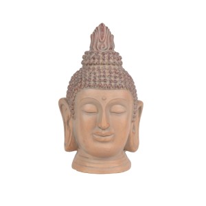 Sandfarbene Buddha-Kopf-Statue für Outdoor Living. Meditative Gartendekoration mit geschlossenen Augen und detaillierter Haarstruktur.