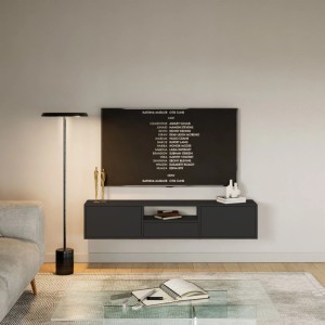 Schwarzes Selsey TV-Hängeboard Framme 150 cm mit offener Ablage und zwei Klappen, wandmontiert im Wohnzimmer.
