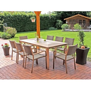 7-teilige Polyrattan Tischgruppe Florence in Champagner und Teakoptik für den Garten.