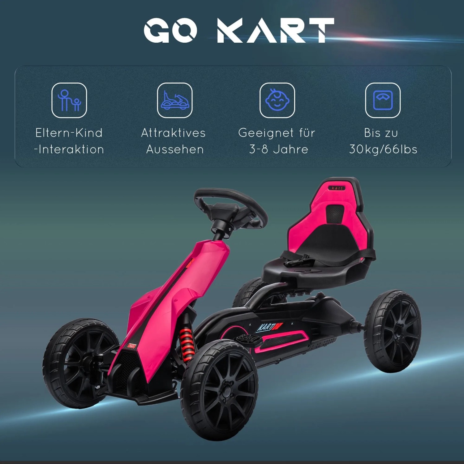 Pink-schwarzes HOMCOM Go-Kart für Kinder mit Pedalantrieb und verstellbarem Sitz. Robustes Kinderfahrzeug.