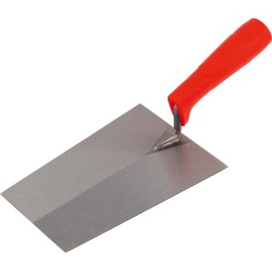 Robuste Maurerkelle mit silbernem Blatt und rotem Kunststoffgriff für präzise Maurer- und Verlegearbeiten.