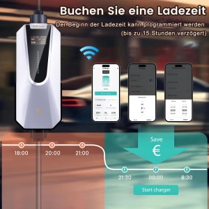 Weißes tragbares Junsun Typ 2 11KW EV-Ladegerät mit Display, Ladekabel und App zur Ladezeitplanung.