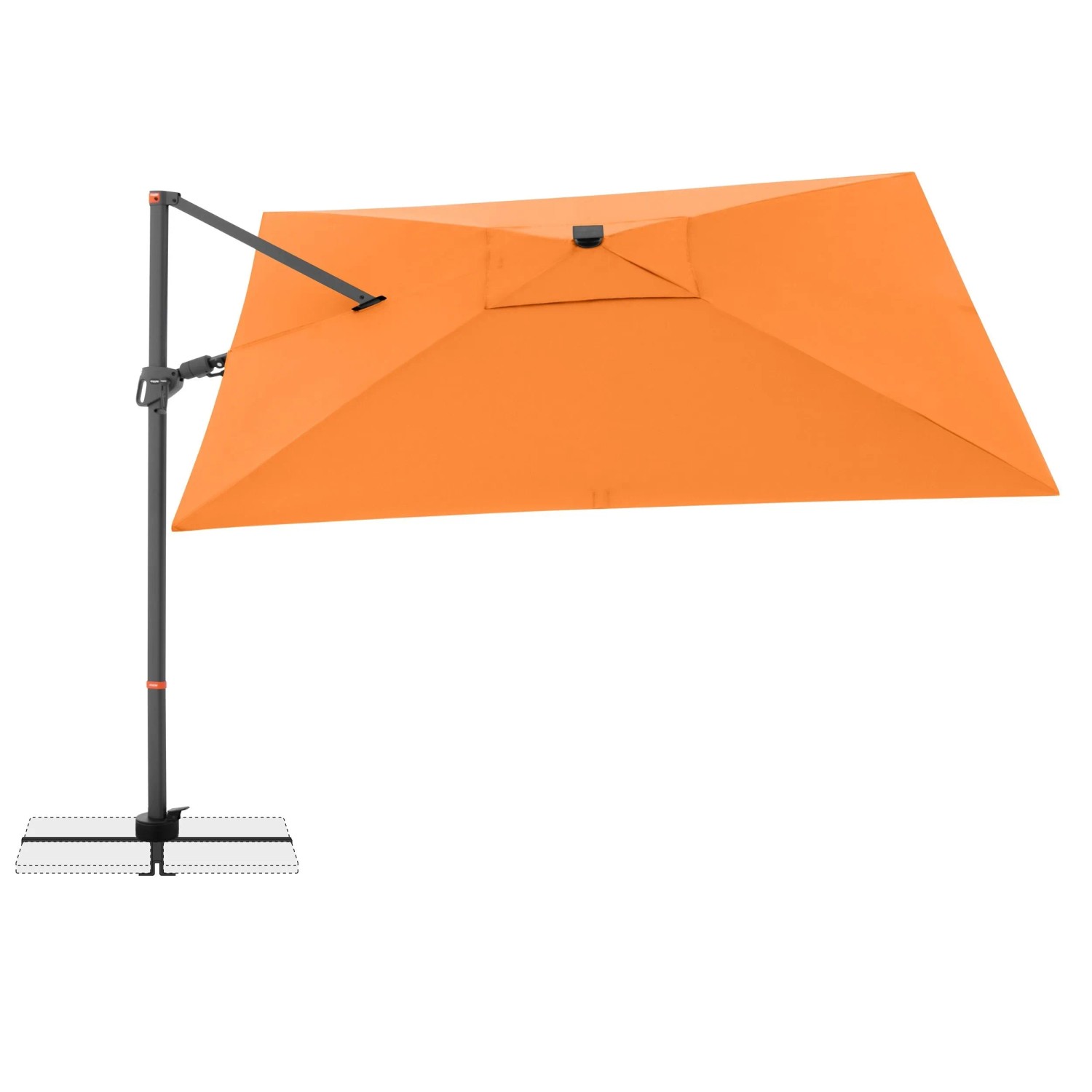 Orangefarbener, rechteckiger Doppler Ampelschirm MyZone, geöffnet, mit Kurbelmechanik und stabilem Mast. Sonnenschutz für Garten.
