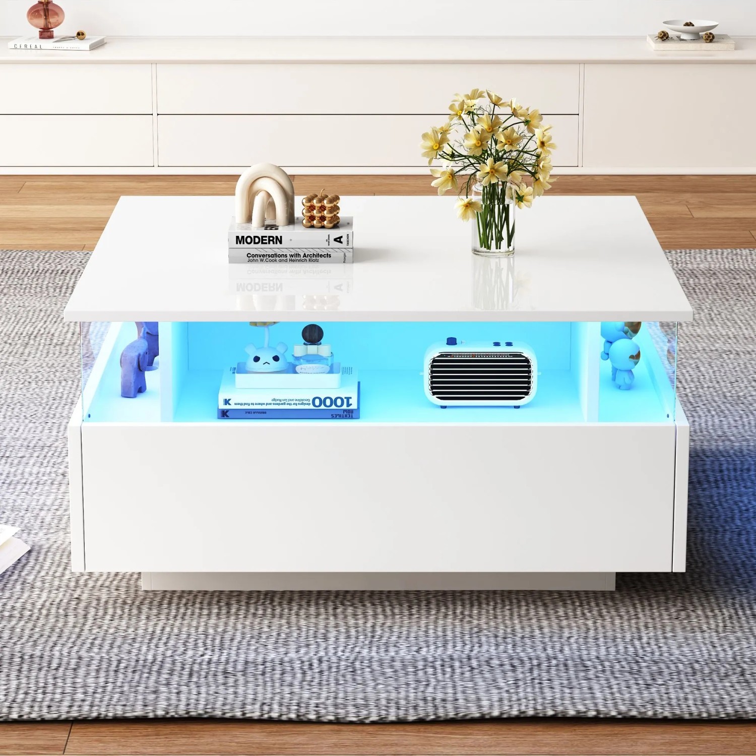 okwish Couchtisch mit LED 2 Schubladen Präsentationsbereich 70x70x41cm Weiß_4