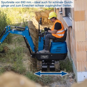 Scheppach Mini-Bagger EXC815 in Aktion: Kompakte Baumaschine für enge Baustellen.