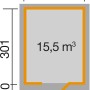 Grundriss Weka Designhaus 172: Gartenhaus aus Holz mit Flachdach, Maße 235x301 cm, 15,5 m³ Volumen.