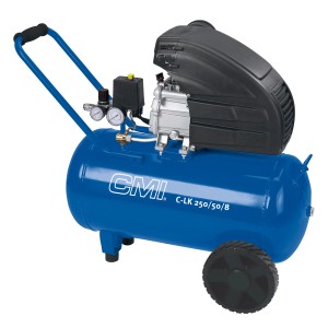Blauer CMI Kompressor mit 50 l Tank, Griff und Rädern für einfachen Transport.