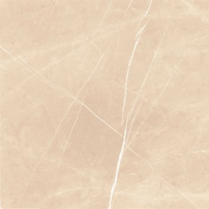 Beige Feinsteinzeug Bodenfliese, 60x60 cm, mit polierter Marmor-Optik und weißen Adern.