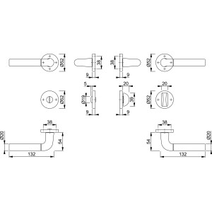 Technische Zeichnung: Hoppe Rosetten Garnitur Bremen, verchromt/Alu Stahl matt, WC-Türbeschlag mit Maßen.