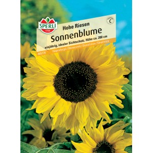 Samenpackung Sperli Sonnenblume Hohe Riesen, gelbe Blüte mit dunklem Kern.