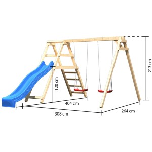 Karibu Doppelschaukel Felix mit blauer Rutsche und Klettergerüst aus Holz.