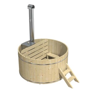 Finntherm Holz-Badefass Bergen Ø 160 cm mit Ofen und Leiter. Hot Tub aus Fichte mit Edelstahlbändern.