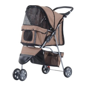 Brauner PawHut Hundewagen mit Netzfenstern, Becherhalter und Ablagekorb. Ideal für den sicheren Kleintiertransport.