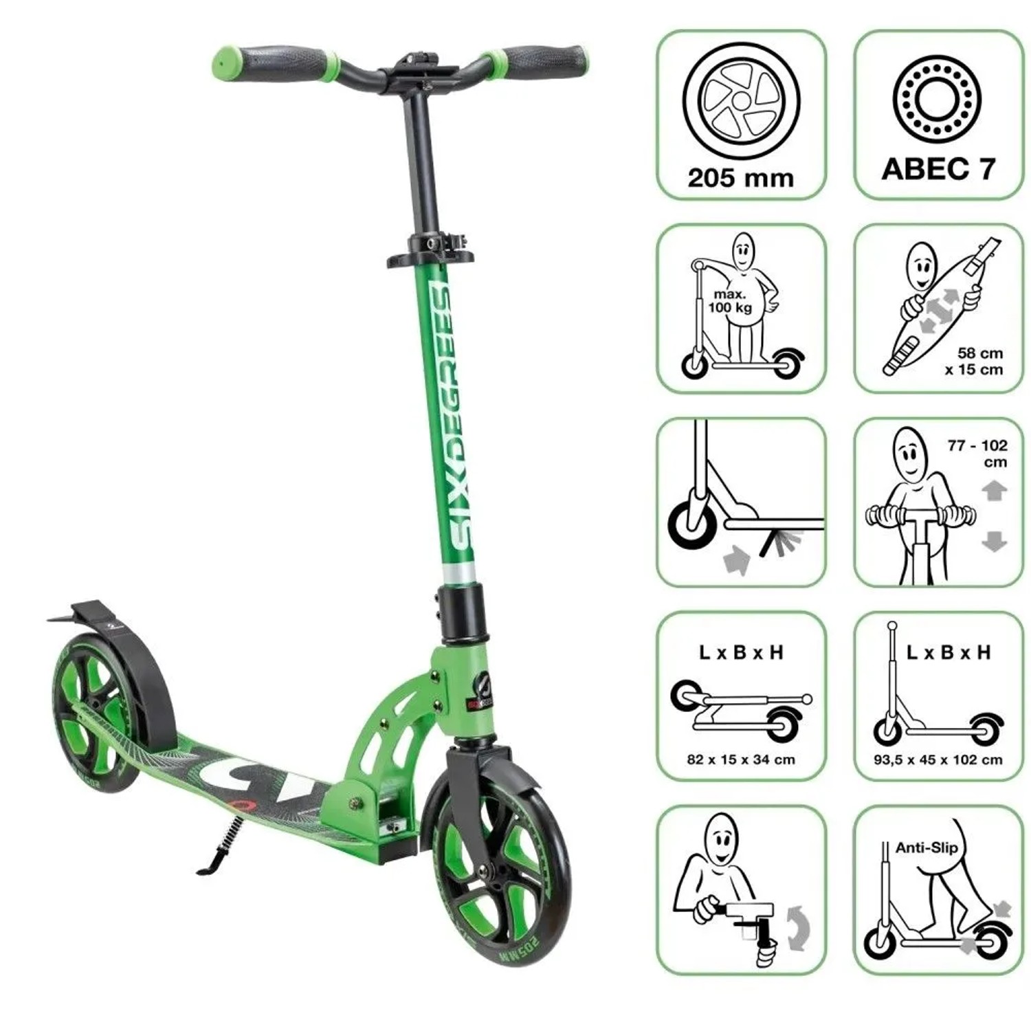 Six Degrees Aluminium Scooter mit Klappmechanismus und Ständer 205 mm Höhenverstellbar GS-Geprüft Hellgrün Testsieger_2