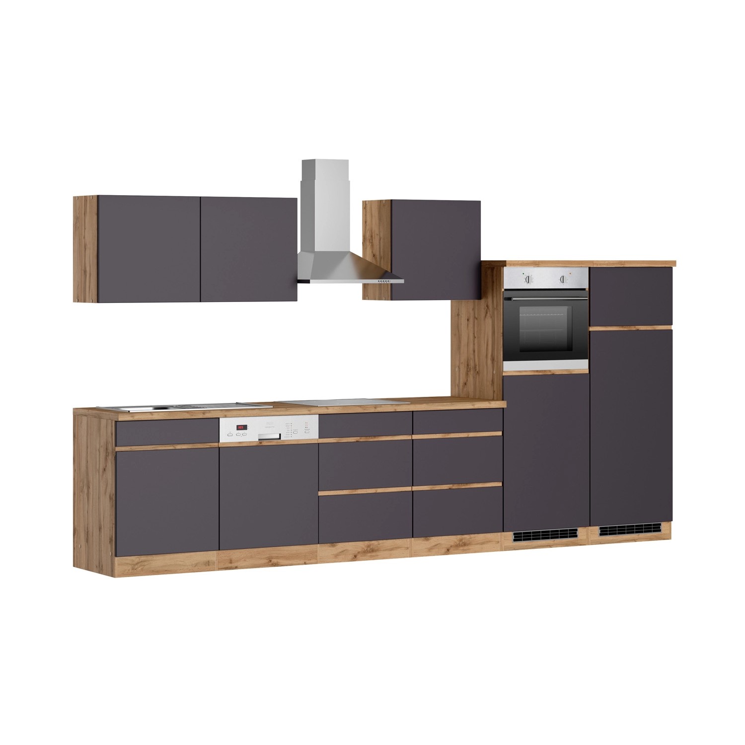 Moderne Held Möbel Küchenzeile Turin, 360 cm, Graphit-Wotaneiche Optik mit E-Geräten.