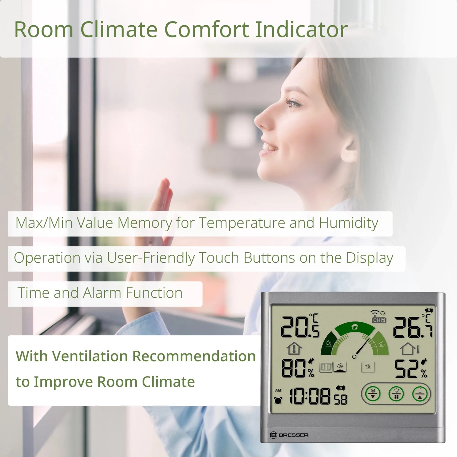 Bresser VentAir H Thermo-Hygrometer mit Außensensor und Lüftungsempfehlung in Anthrazit.